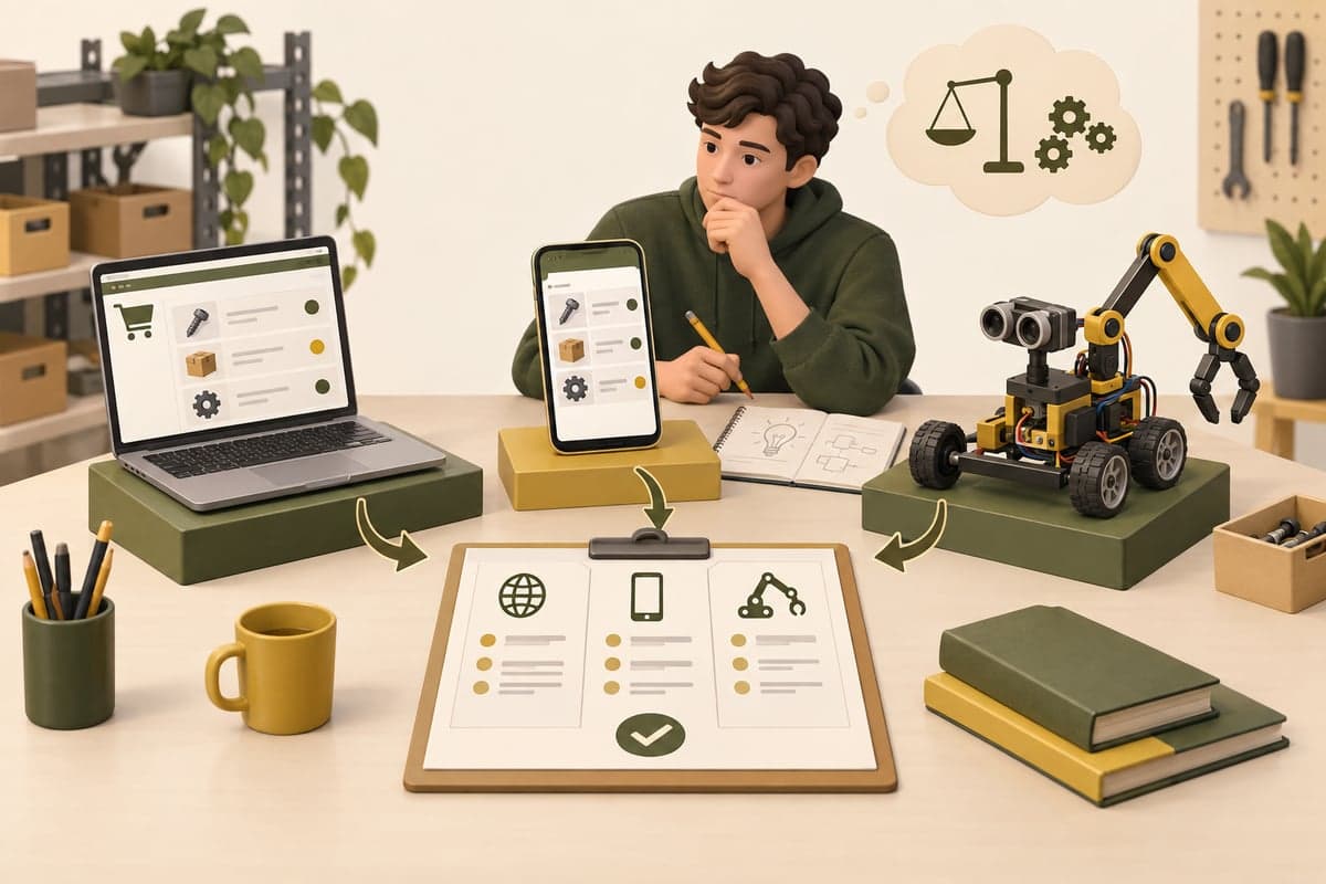 10. Sınıf, 1. hafta: Kur 2 Tanıtımı: Yıllık Proje Alanı Seçimi (Web / Mobil / Robot Programlama) konusuna özel illüstrasyon